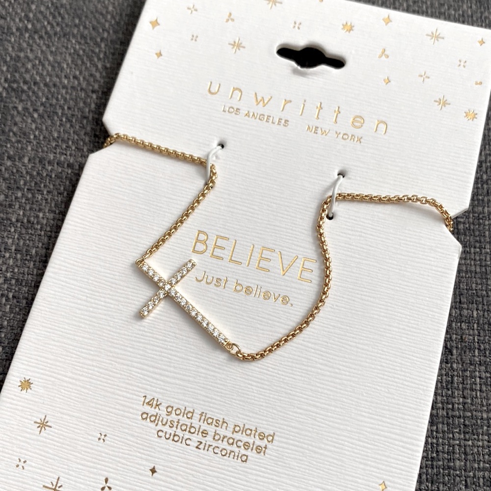 NWT Unwritten 14k gold plated adj bracelet with cross